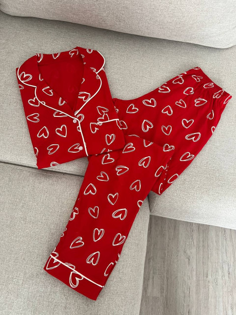 Klassik ingliz trikotaj yoqali pijama, bosma-XXXL yuraklari 000492