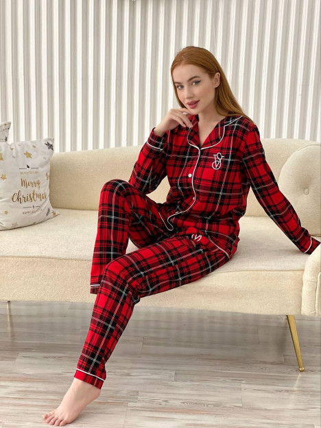 Klassik ingliz trikotaj yoqali pijama, 3xl katakli bosma 000451