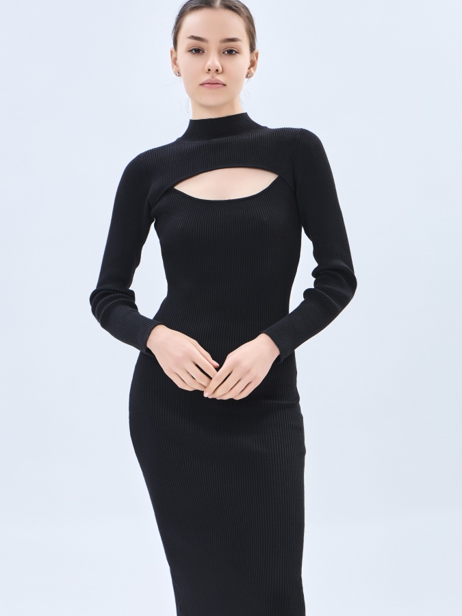Qora M uzun yengli libos  AW23WKN-30063
