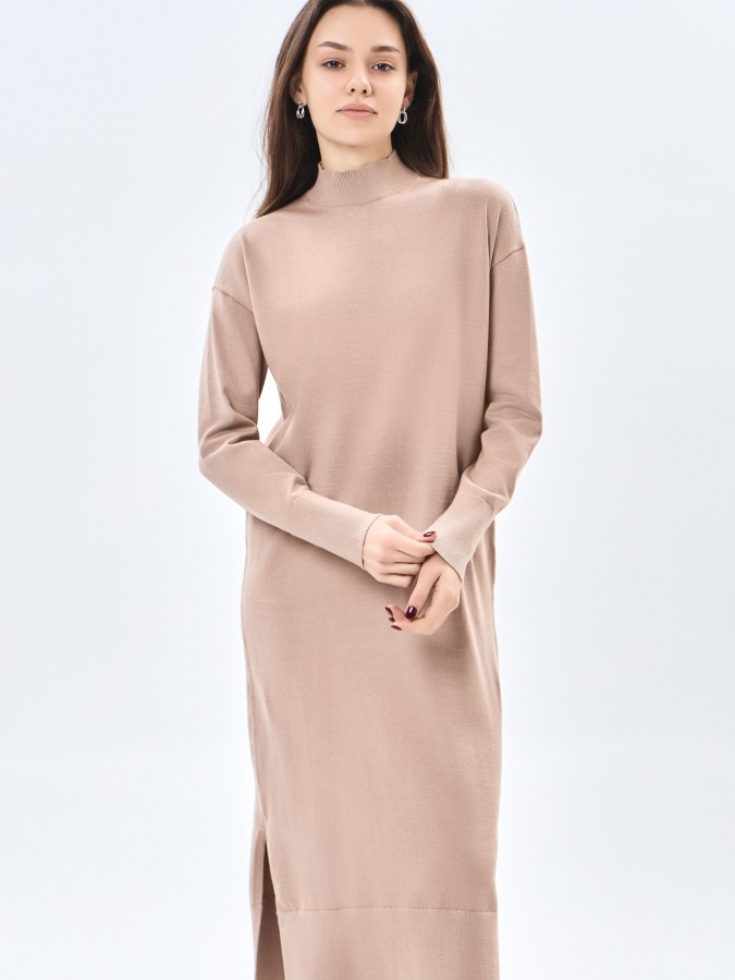 Beige l uzun yengli libos  AW23WKN-30048