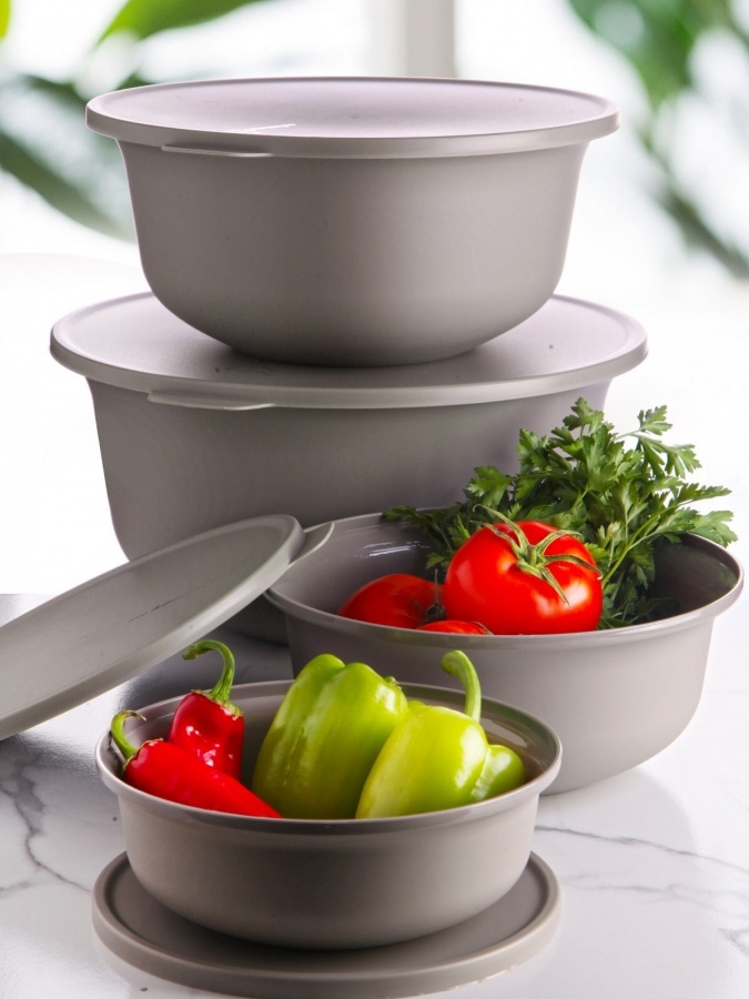 Kitchen Life 4 o‘lchamli qopqoqli dumaloq idish to‘plami - ko‘pirtiriladigan idish (7,5L, 4L, 2L, 1L) MCh08355