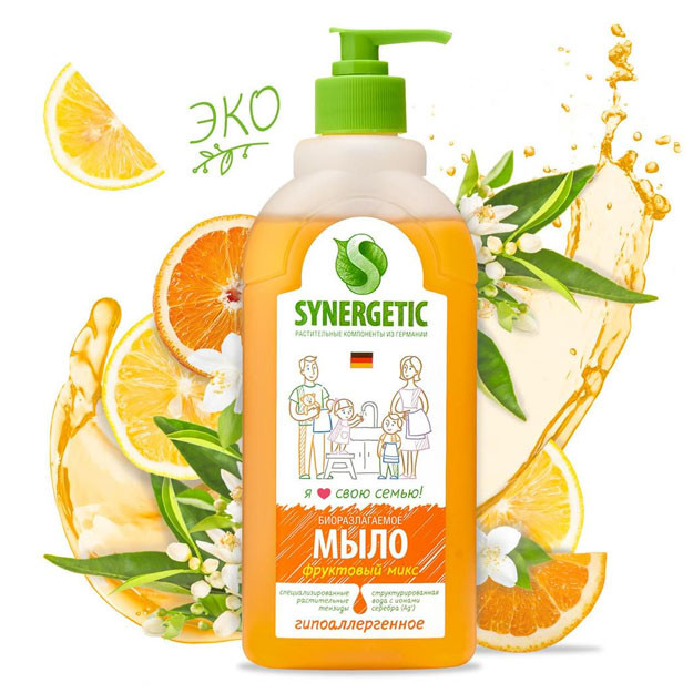 105055 Мыло жидкое биоразлагаемое для мытья рук и тела "Фруктовый микс "Synergetic" 0,5 л УТ-00006226