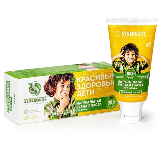 201009 SYNERGETIC bolalar tish pastasi qulupnay va banan 3 yoshdan 6 yoshgacha sariq УТ-00006289