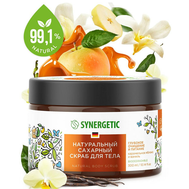 800003 Натуральный сахарный скраб для тела SYNERGETIC глубокое очищение и питание, карамельное яблоко и ваниль 300мл УТ-00006242