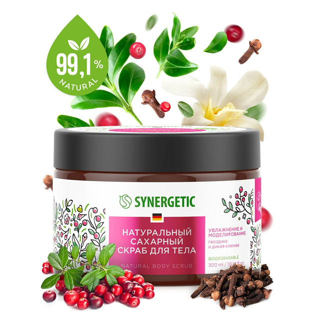 800005 Натуральный сахарный скраб для тела SYNERGETIC увлажнение и моделирование, гвоздика и дикая клюква 300мл УТ-00006244