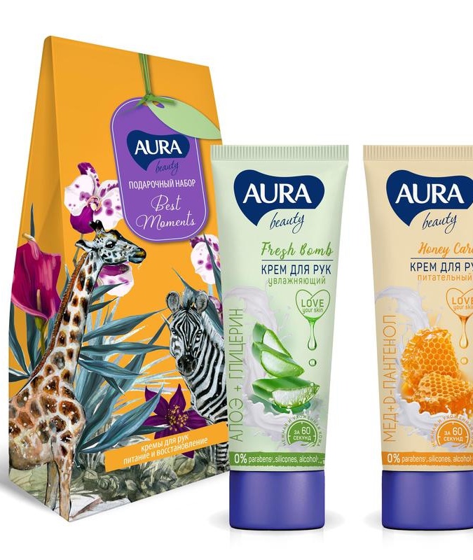 AURA BEAUTY sovg'a to'plami eng yaxshi daqiqalar aloe ekstrakti bilan qo'l kremi 75ml + qo'shimcha bilan qo'l kremi УТ-00002739