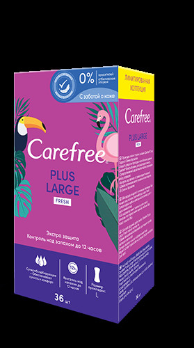 CAREFREE® plus katta yangi prokladkalar har kuni tazelik aromati bilan 36 dona.  УТ-00001023