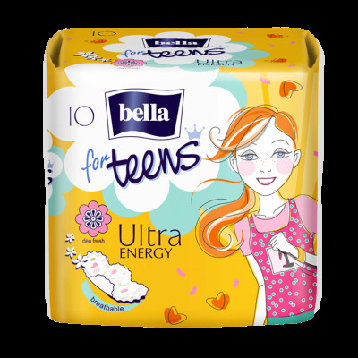 Ultra yupqa prokladkalar yangi dizayn "Bella teens Ultra Energy" 10 dona polyesterda. up.  УТ-00003796