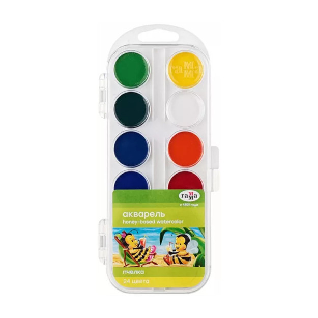 Akvarel gamma" Bee NEW", asal, 24 rang, cho'tkasiz, plastik, evro pastki o'lchamlari: 205x100x20 mm 14055