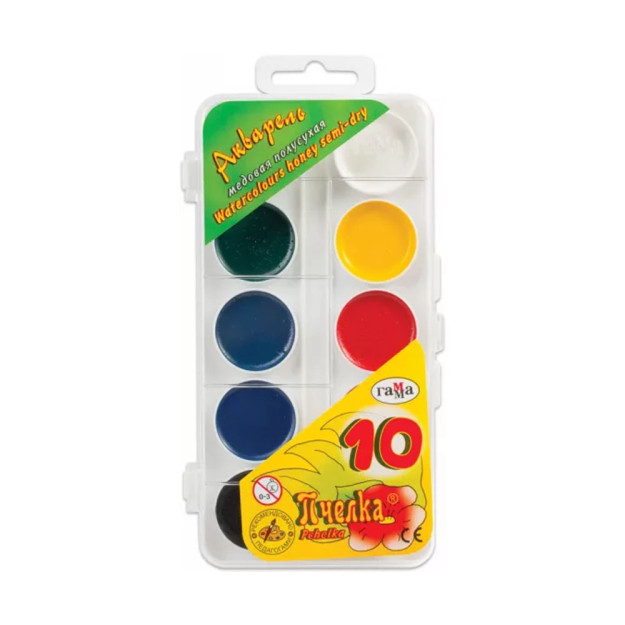 Akvarel gamma" Bee NEW", asal, 10 rang, cho'tkasiz, plastik, evro pastki o'lchamlari: 165x85x15 mm 16424