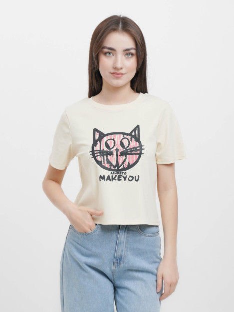Футболка 3971 freesize кошка бежевый
