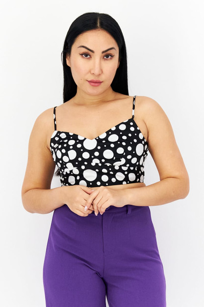 V-bo'yinli, qora/oq rangdagi ayollar uchun mini yengsiz polka nuqta