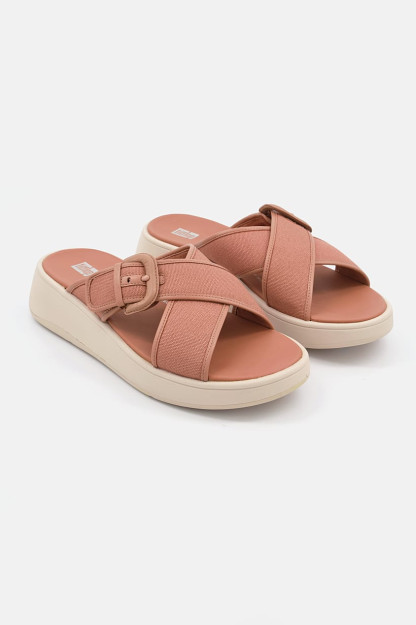 F-mode qisqichli ayollar kanvas slip sandallari, jigarrang
