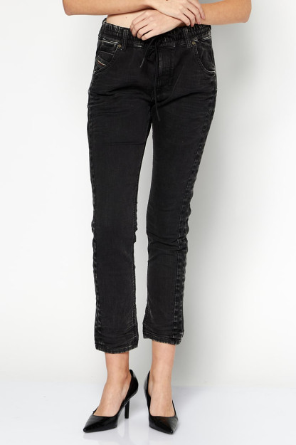 Boyfriend Fit ayollar yuviladigan cho'ziluvchan Denim jogger jinsi shimlari, qora