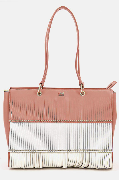 Ayollar uchun charm xarid qilish sumkasi, 33L x 25v X 14W sm, shaftoli, kumush-oq