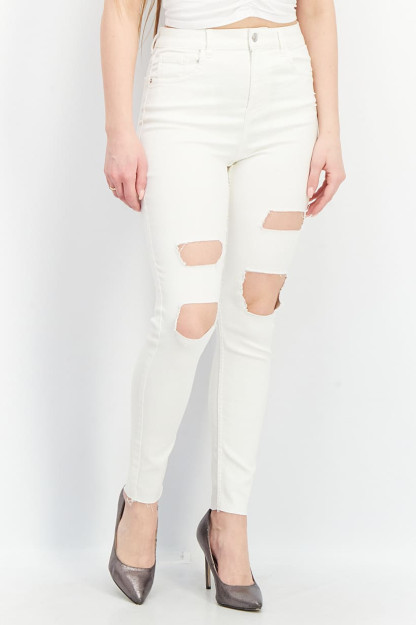 Skinny Fit Rip ayollar uchun elastik qo'shimchali jinsi shimlar, oq