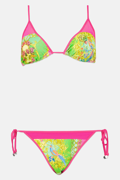 2 qismli astarli ayollar bikini to'plami, pushti/yashil kombinatsiyalangan