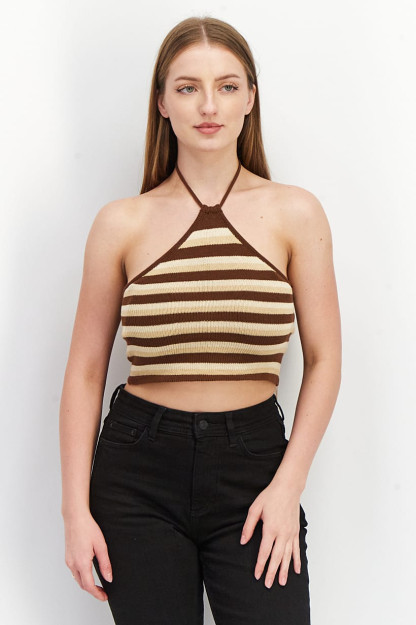 Ayollar uchun yengsiz bo'yinbog ' chiziqli ustki kiyim, jigarrang / krem