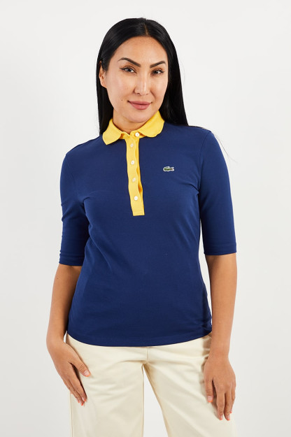 Slim Fit ayollar uchun tikilgan logotipli qisqa yengli Polo ko'ylaklari, to'q ko'k/sariq kombinatsiyalangan