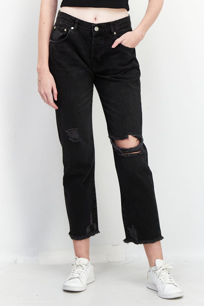 Regular Fit Rip Denim ayollar jinsi shimlari, qora