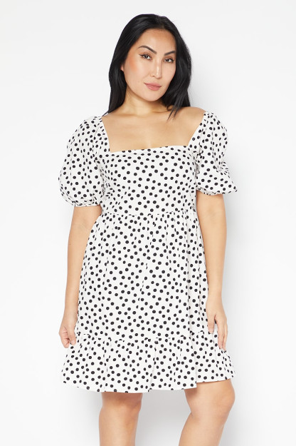 Polka nuqta ayollar mini libosi, oq / qora
