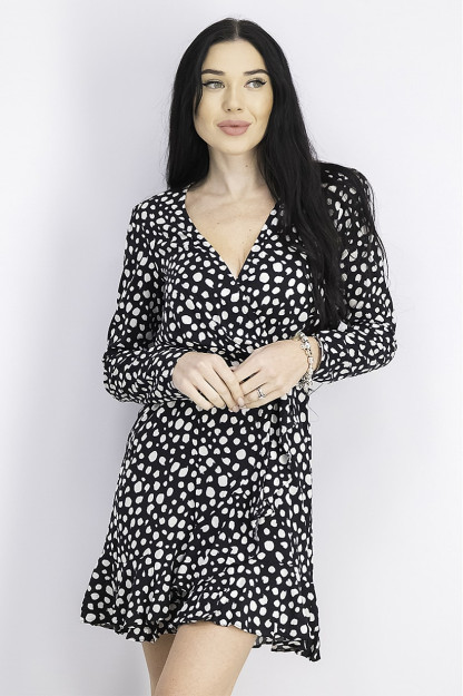 Qora va oq rangdagi uzun yengli v bo'yinli ayollar polka nuqtali mini ko'ylak