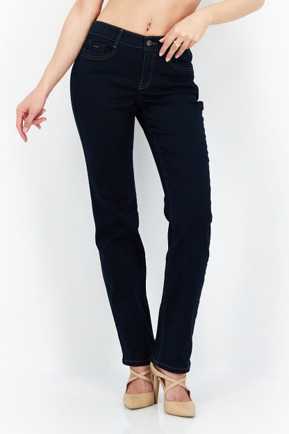 To'q ko'k rangdagi tekis kesilgan ayollar monofonik elastik jinsi shimlar