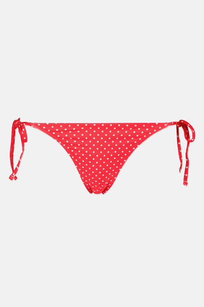 Mikro polka nuqta, qizil rangda yon tomondan bog'langan ayol bikini pastki qismi