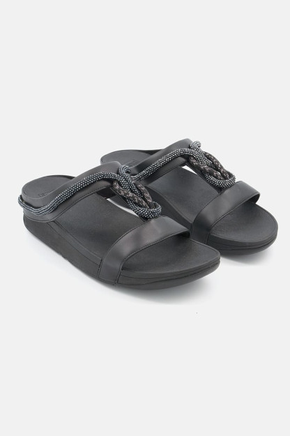 kristalli charm dantelli ayollar slip sandallari, qora