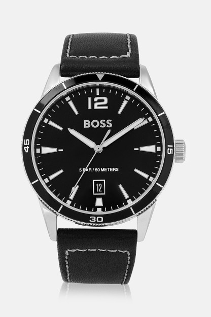 Erkaklar uchun charm soat 1513898, 40 mm, qora / kumush