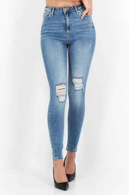 Super Skinny Stretchable ayollar yirtilgan yuqori belli jinsi shimlar, ko'k