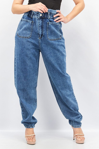 Paperbag Denim ayollar uchun keng jinsi shimlar, ko'k