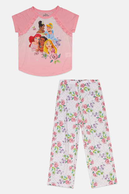 Kids Girl 2 qismli pijama to'plami, yuqori va pastki grafik bosma, pushti/oq kombinatsiyalangan