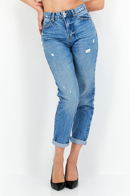 Женские рваные нерастягивающиеся джинсы Mom Fit, синие