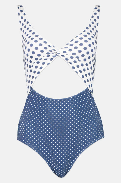 Polka nuqta bilan qoplangan ayollar uchun bir qismli mayo, ko'k / oq