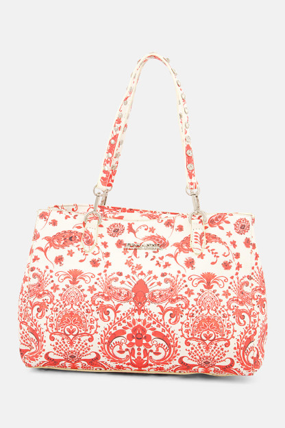 Ayollar uchun gul naqshli qo'l sumkasi, 24v x 40l x 12W sm, oq / qizil