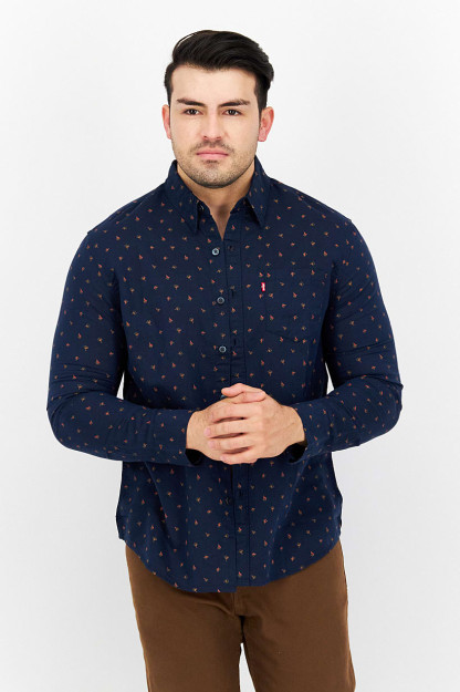 Slim Fit erkaklar uchun uzun yengli bosma ko'ylak, to'q ko'k