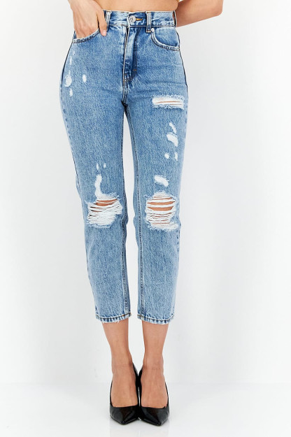 Yuqori belli ayollar uchun mos keladigan cho'zilmaydigan Denim, ko'k