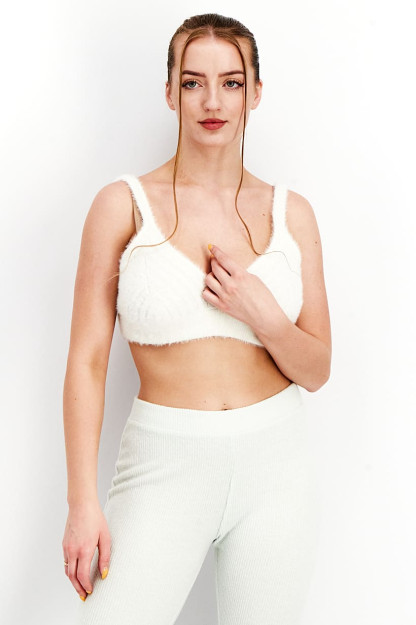 Ayollar uchun v-bo'yinli yengsiz ustki va teksturali bralette, qor-oq