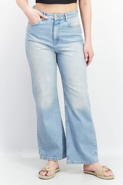 Yuqori belli ayollar uchun cho'zilmaydigan erkin kesilgan Denim, ko'k