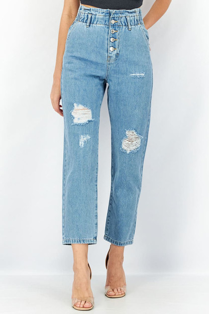 Oddiy kesilgan yuqori belli ayollar jinsi shimlari, cho'zilmaydigan, ko'k Denim