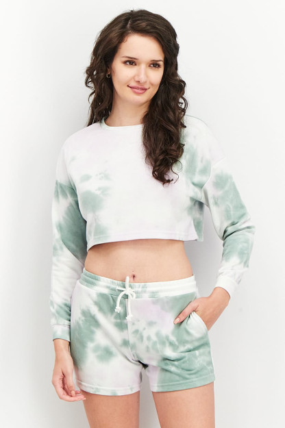 Ayollar uchun 2 qismli sport kiyimlari, tor Tie Dye top va qisqa to'plam, kombinatsiyalangan yashil