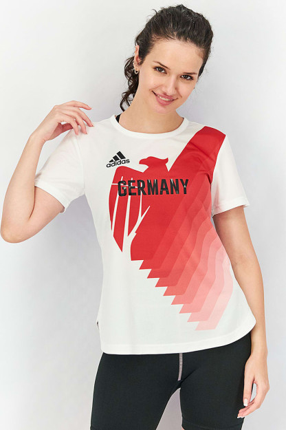 Женская спортивная одежда, тренировочная футболка Fit Heat Rdy Team Germany, Белый/Красный