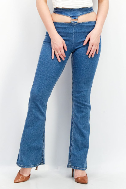 Ayollar jinsi shimlari oddiy kesilgan cho'zilgan Denim, yuvilgan bo'yinbog', ko'k