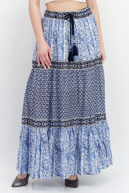 Geometrik naqshli ayol Maxi yubka, ko'k