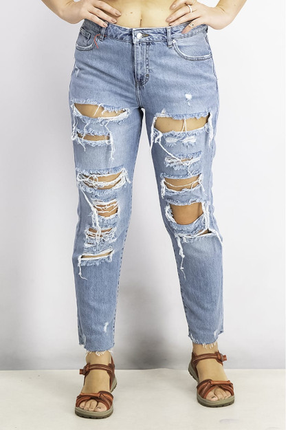 Regular Fit Destroyed Denim ayollar jinsi shimlari, yuvilgan ko'k