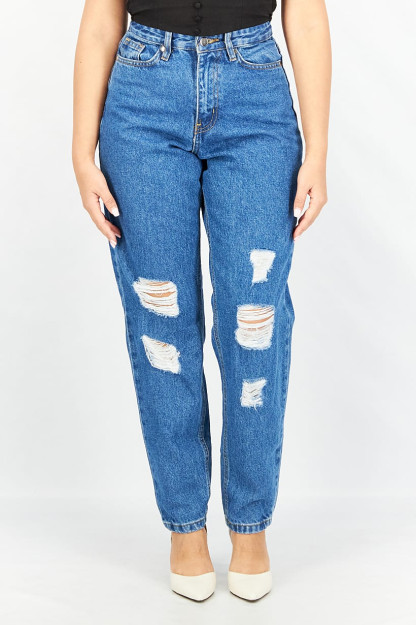 Женские рваные джинсы Mom Fit, выстиранные, не растягивающиеся, синие