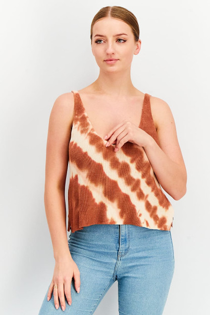 Tie Dye ayollar uchun v bo'yinli yengsiz ustki kiyim, jigarrang / krem