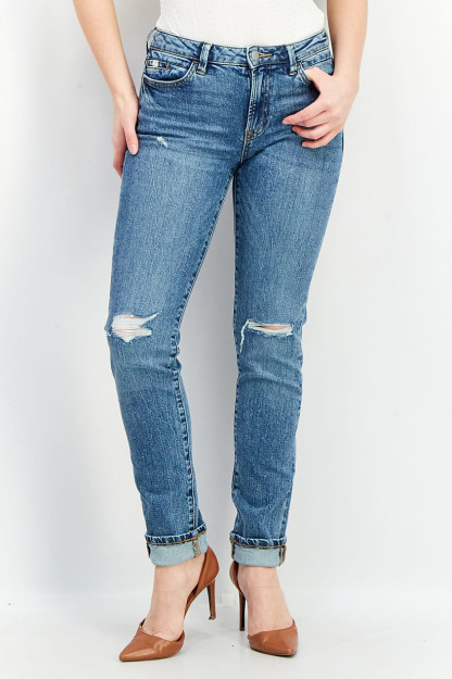 Ayollar uchun mos keladigan cho'ziluvchan Denim, yuvishda yirtiq, ko'k