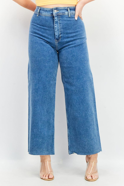 Keng oyoqli oddiy kesilgan ayollar uchun cho'zilgan jinsi shimlar, ko'k Denim